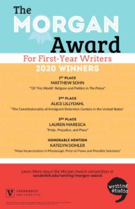 This colorful poster with a bands of light blue, orange, and red as background lists the first, second, and third place winners of the 2020 Morgan Award for First-Year Writers