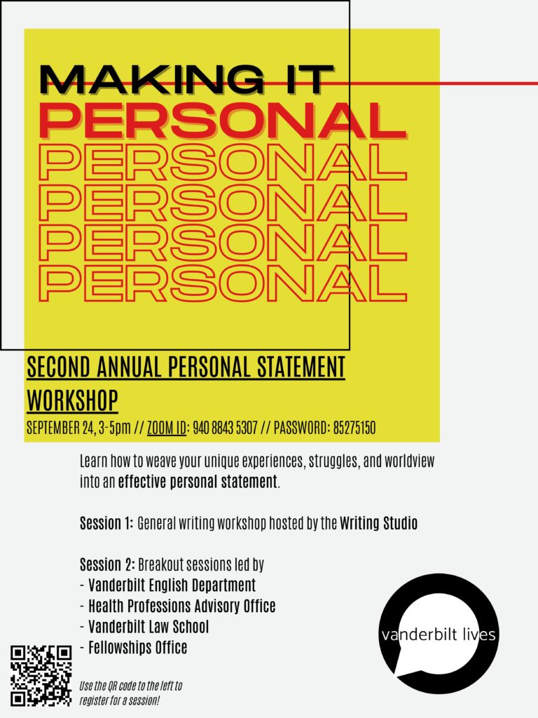 Flyer advertising Vanderbilt Lives personal statement workhops