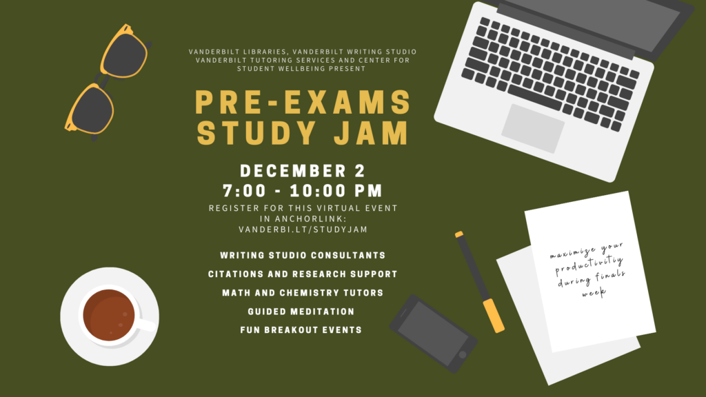 This promotional image for the Pre-Exams Study Jam features various items including a laptop, paper with handwritten notes, a pen, smart phone and cup of coffee scattered across a green background as if it were a desk.