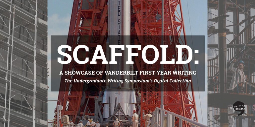 The title of the Scaffold collection appears in front of an image in which red scaffolding surrounds a silver rocket being prepared for takeoff. On either side the rocket picture is framed by images of construction scaffolding around buildings in progress.