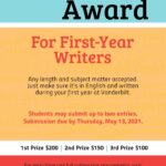 Bars of Blue, Yellow, and Red with white dividers are the background to this poster encouraging submission for the Morgan Award in Spring 2021