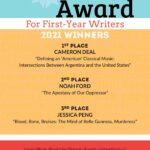 Bars of Blue, Yellow, and Red with white dividers are the background to this poster announcing the first, second, and third prize winners of the 2021 Morgan Award for First-Year Writers Competitions whose names also appear in the website announcement