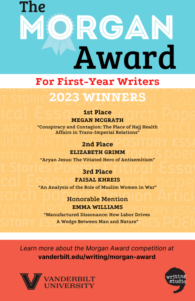 The purpose of this image is to announce and celebrate the winners of the 2023 Morgan Award for First-Year Writers