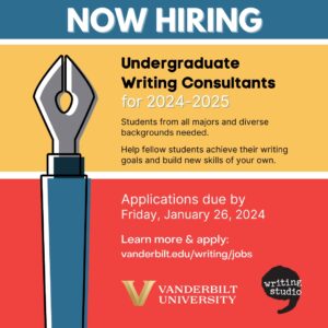 This colorful, square image promotes the opportunity to apply for the Writing Studio's 2024-2025 Undergraduate Writing Consultant positions by the deadline on January 26, 2024.