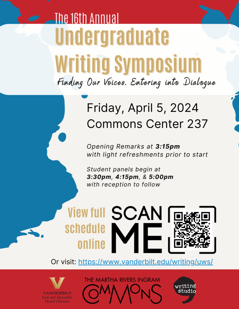 This colorful image promotes attendance at the 2024 Undergraduate Writing Symposium being held Friday, April 5, in Commons Center 237.