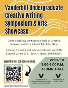 This colorful image promotes attendance at the 2024 Undergraduate Creative Writing Symposium and Arts Showcase being held Wednesday, April 10, in Alumni Hall.