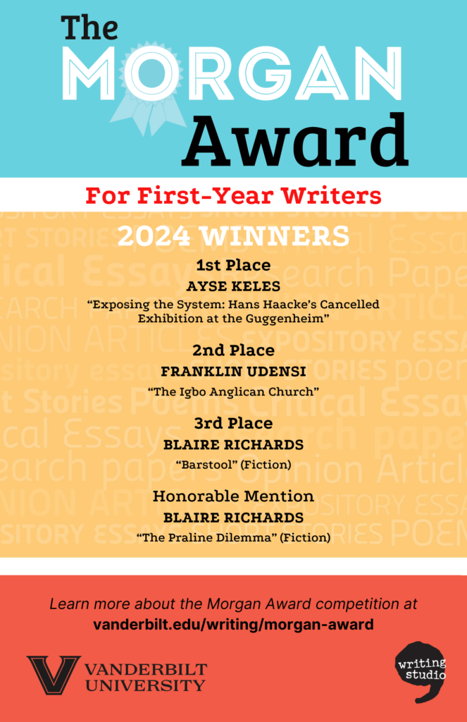 The purpose of this image is to announce and celebrate the winners of the 2024 Morgan Award for First-Year Writers