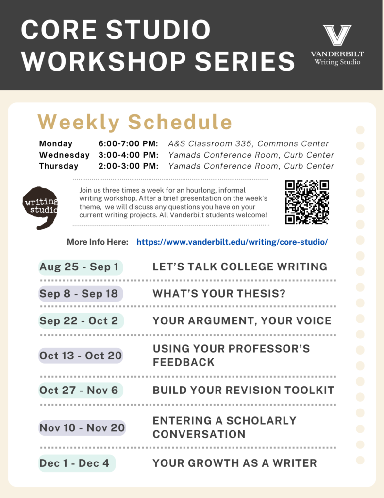 This flyer promotes the full fall 2025 schedule of Core Studio workshops. All of the dates can also be found on the Writing Studio's Core Studio webpage.