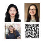 Headshots of Xinyu Zhang, Caroline Birdrow, and Teresa Yang, with QR code to list of Vanderbilt Biostatistics activity at JSM