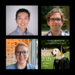 headshots of Kaidi Kang, Max Rohde, and Lisa Levoir, plus Grad School Commencement image of K-9 officer (a dog) in cap and gown