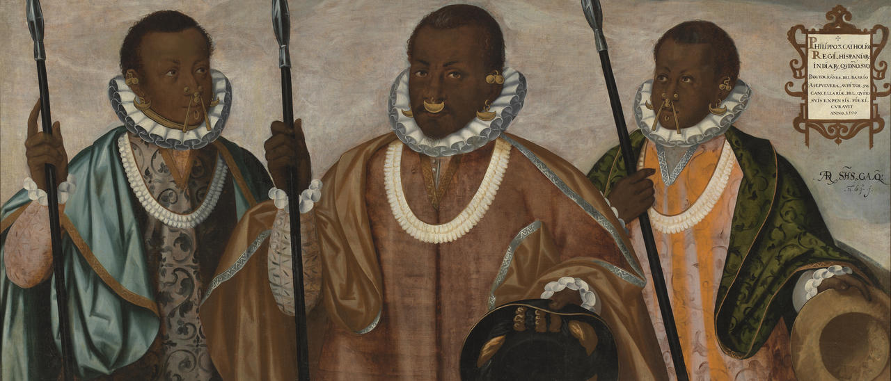 Sixteenth-century painting entitled The Mulatto Gentleman of Esmeraldas. It depicts three Afro-Indian men wearing Spanish style ruffs and luxurious robes. All three men are holding spears.