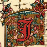 Ornate J in red, set against a flowery flag.
