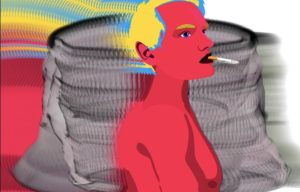 Graphic image of a man (shown in red with yellow hair, black lips, and blue outlines) smoking a cigarette