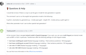 Discussion board post about trying to use Spanish with GPT2