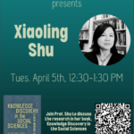 Poster reads Xiaoling Shu Text Analysis Event April 5th 12:30 PM