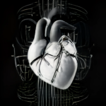 black and white graphic of cyborg heart