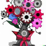 DALL·E 2023-02-10 10.21.34 – a cartoon bouquet of flowers made of gears and computer parts, red and white and pink