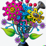DALL·E 2023-02-10 10.22.08 – a cartoon bouquet of flowers made of gears and computer parts