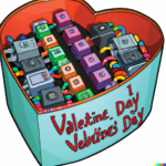 DALL·E 2023-02-10 10.54.46 – box of valentines day candy made of computer parts, cartoon style