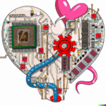 DALL·E 2023-02-10 10.57.43 – cupid_s heart made of wires and circuit boards and computer parts, cartoon style, with red, pink, and white