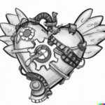 DALL·E 2023-02-14 15.29.25 – cupid_s heart, steampunk cartoon style, black and white