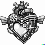 DALL·E 2023-02-14 15.29.39 – cupid_s heart, steampunk cartoon style, black and white