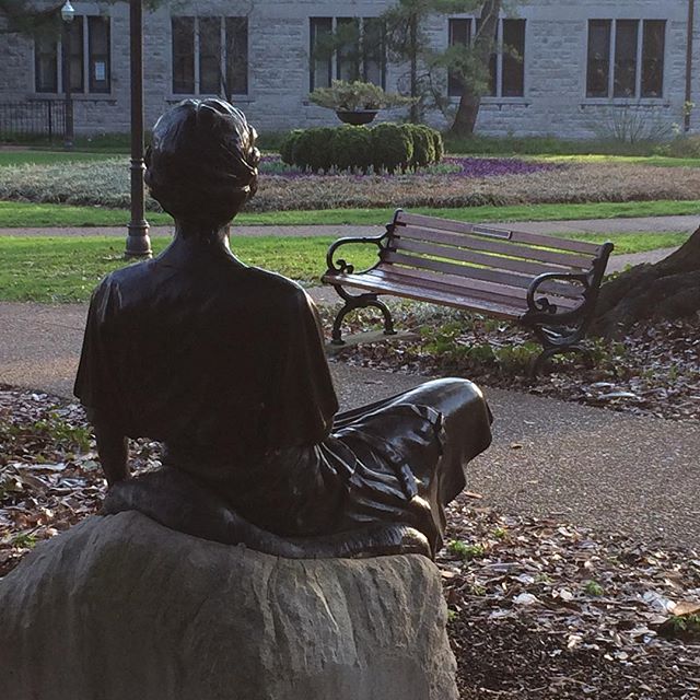 Margaret Branscomb's statue looks toward the Garden Club memorial