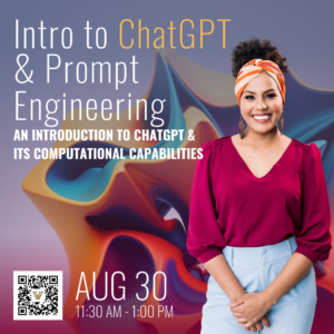 Intro to chatgpt and promt engineering graphic - woman smiling in front of an image created using AI