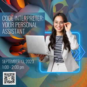 Code Interpreter workshop graphic - woman with laptop in front of abstract shapes