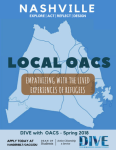 Local OACS DIVE poster: a light blue geographic map on top of a dark blue background with text reading "Local OACS: Empathizing with the Lived Experiences of Refugees."