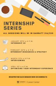 Yellow flyer for internship series listing sessions offered by the Career Center