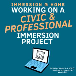 Graphic of a laptop with large text advertising the Civic and Professional Pathway of Immersion Vanderbilt