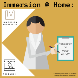 Graphic of a person icon wearing a white lab coat and holding a clipboard with large text advertising the Research Pathway of Immersion Vanderbilt