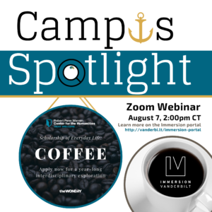 Graphic advertising a Zoom webinar with the Coffee Equity Lab, depicting a magnifying glass spotlighting an ad to apply