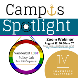 Graphic advertising a Zoom webinar with the LGBT Policy Lab, depicting a magnifying glass spotlighting a pride flag with text "Vanderbilt LGBT Policy Lab"