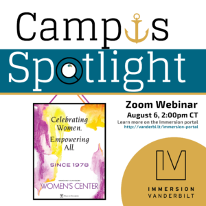 Graphic advertising a Zoom webinar with the Margaret Cuninggim Women's Center, depicting a magnifying glass spotlighting the center's logo