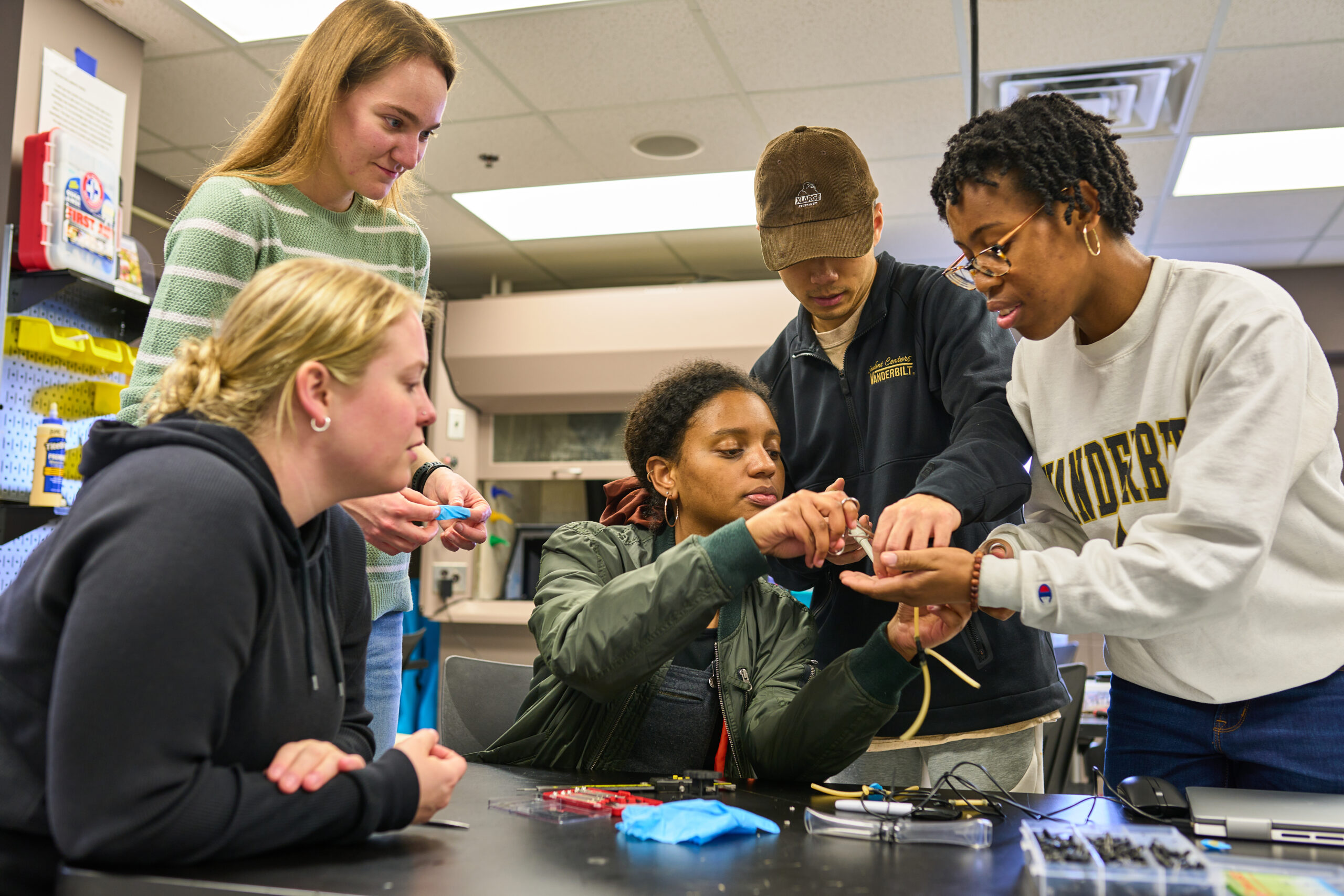 Students work on their capstone project in the Bio-Medical Engineering Design Loft