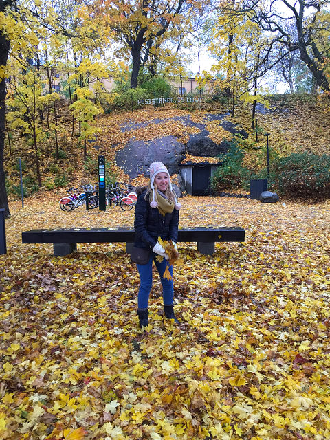 Playing with freshly fallen October leaves outside of the Moderna Museet in Stockholm, Sweden. Courtesy of Juliana Horn.