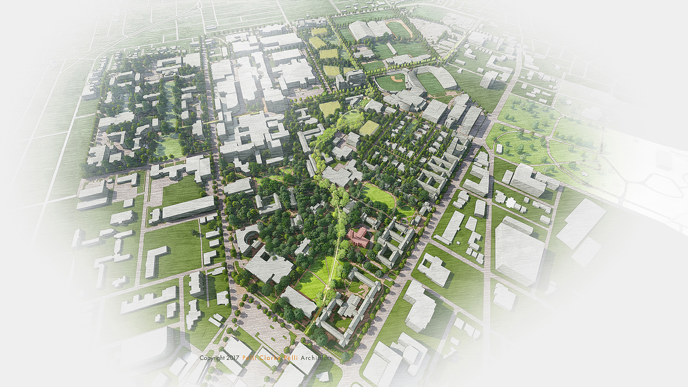 Future overhead view of campus depicting the campus greenway and potential future building placement