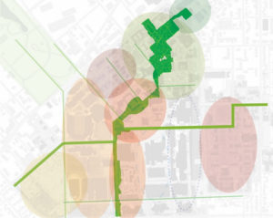An updated depiction of the Greenway, but still not final, showing how it will begin to weave various spaces together on campus