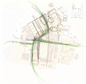 Hand-drawn sketch depicting an early version of the campus-wide Greenway
