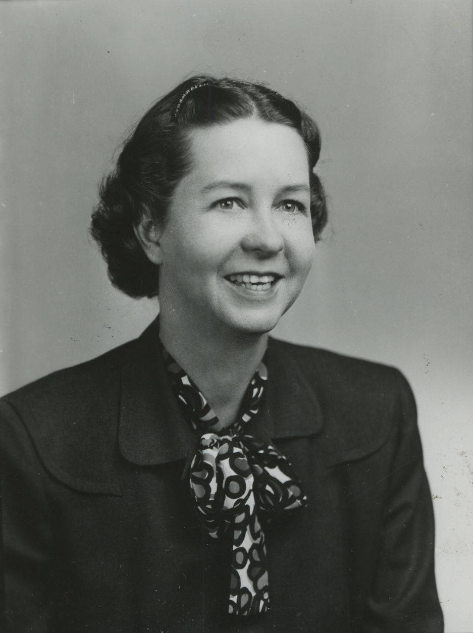 Elsie smiling on photo day in the 1940s. Greyscale