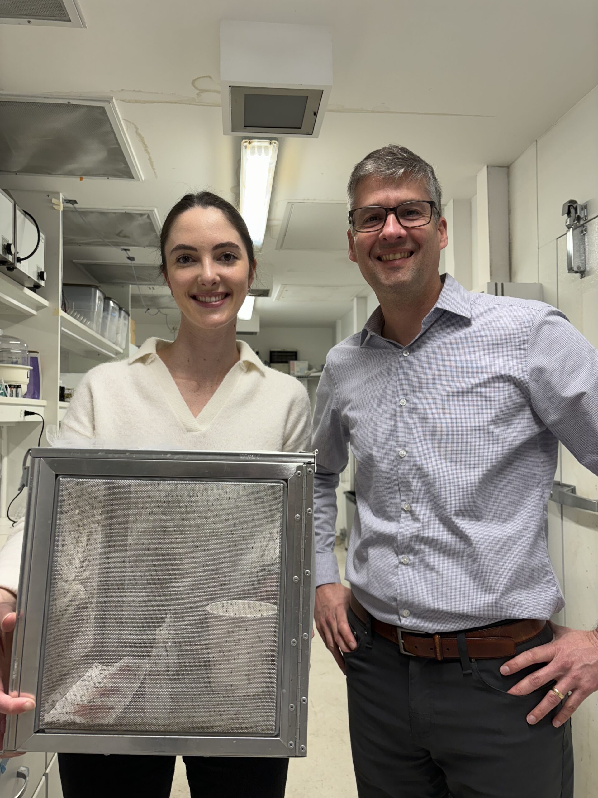 Julian Hillyer and Lindsay Martin stand smiling in the lab, holding a screen filled with mosquitos