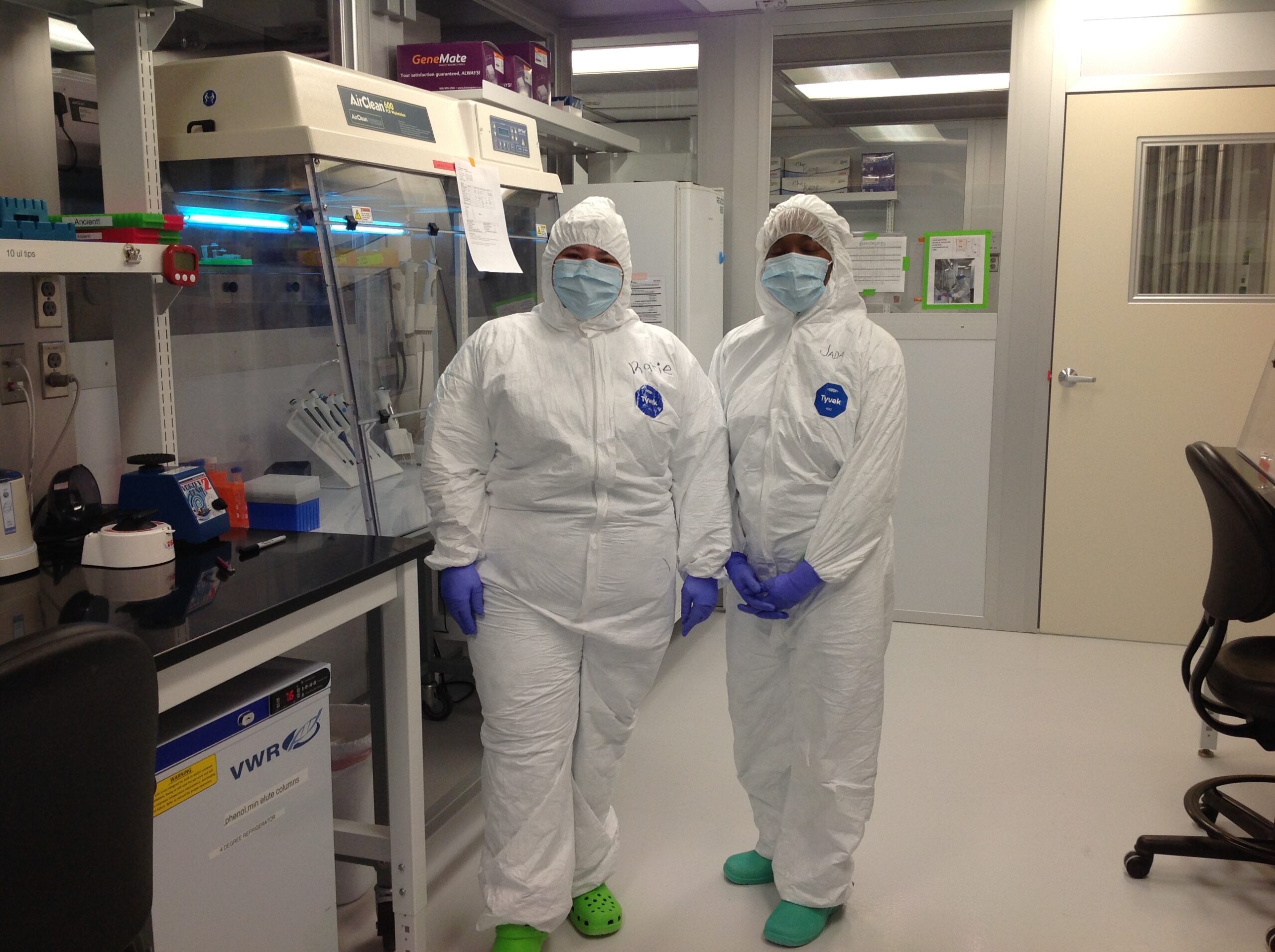 "Two scientists wearing full-body protective suits, gloves, masks, and hair coverings, standing in a laboratory. One has 'Katie' written on their suit and is wearing green Crocs, while the other has 'Jada' written on their suit and is wearing green shoe covers. They are standing next to laboratory equipment, including a fume hood labeled 'AirClean 600' and various lab supplies." alt text generated by ChatGPT