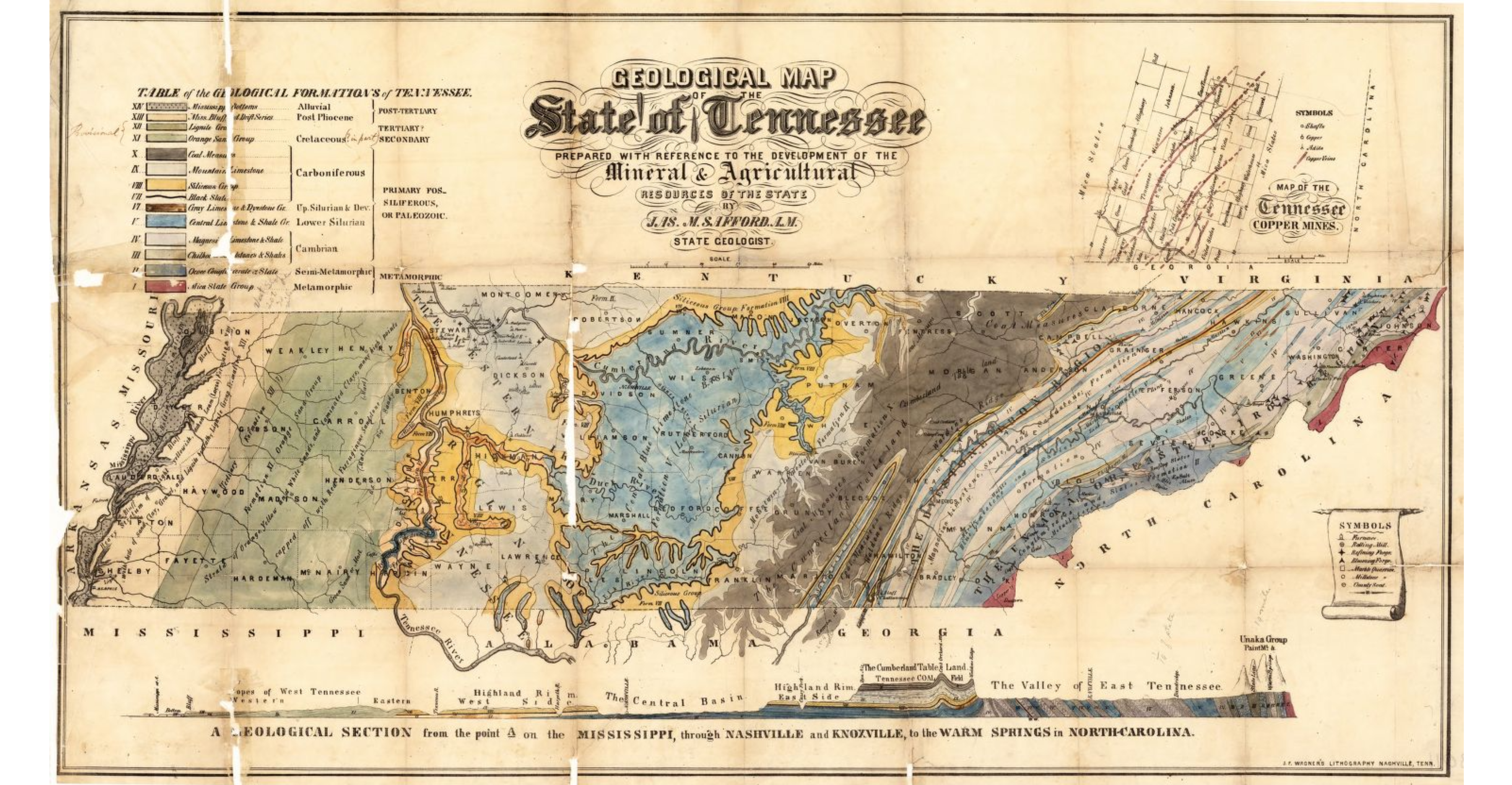 Geological map drawn by James Safford of the state of Tennessee