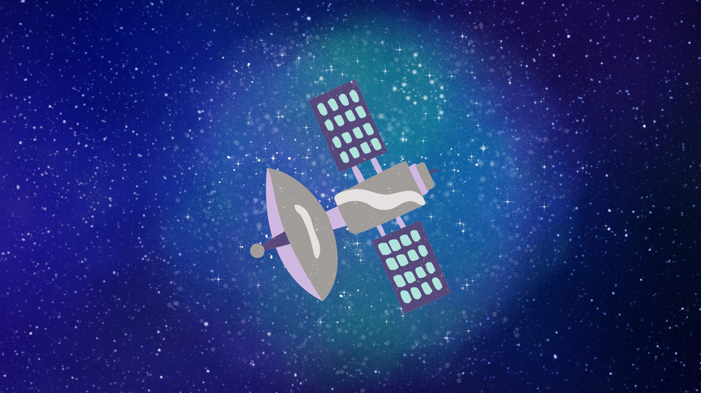 Cartoon-style illustration of a satellite in space with a backdrop of stars. The satellite has solar panels and a large dish, representing the technology used to monitor environmental changes such as the impact of artificial light at night on urban ecosystems.