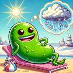 A cartoon of an anthropomorphized cyanobacterium with a smooth green skin layer, enjoying a sunny summer day while lying on a beach chair. The cyanobacterium has a happy expression and is thinking about snow falling from a cloud, with a snowy landscape in the background.