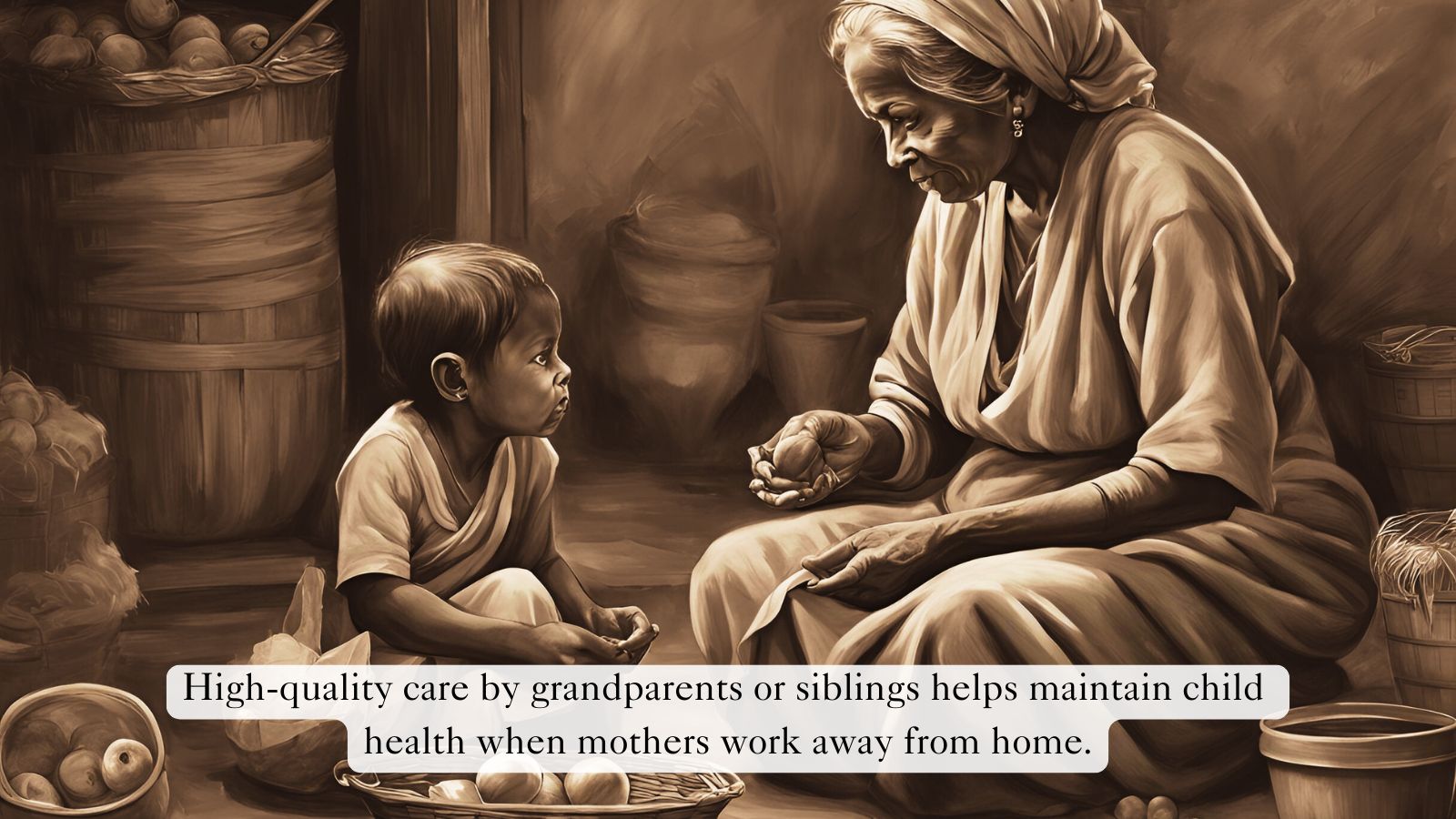 An elderly woman sits with a young child in a rustic setting, surrounded by baskets of fruits and vegetables. The child looks attentively at the woman, who is holding a piece of fruit and seems to be speaking or teaching.