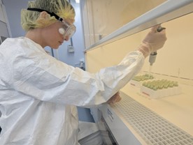 Sylvia Cheever in a white lab coat, gloves, and goggles, working with lab samples inside a fume hood. She is carefully using a pipette for sample preparation.