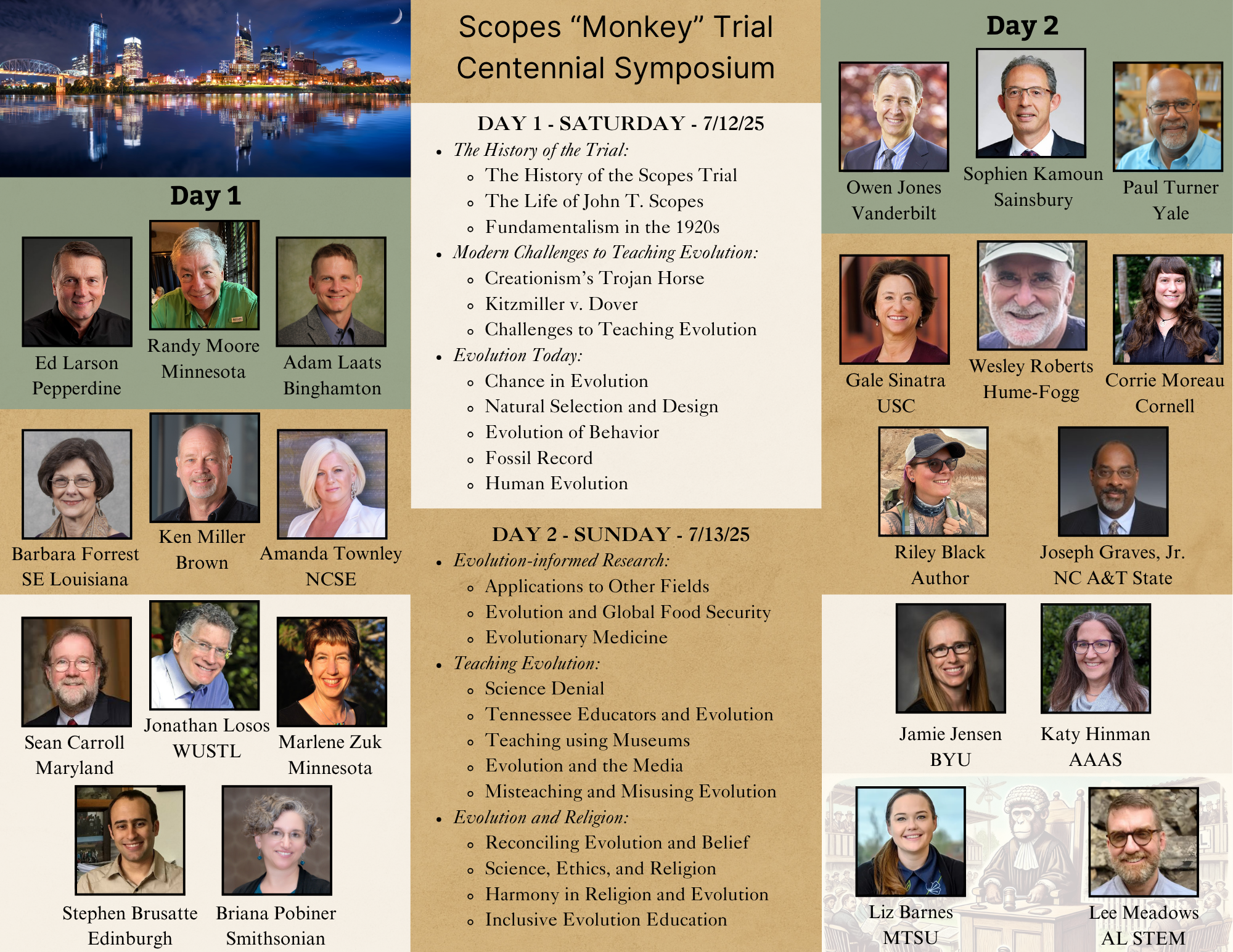 Promotional graphic for the "Scopes 'Monkey' Trial Centennial Symposium," listing speakers and scheduled topics for a two-day event in July 2025.  At the top is a photo of the Nashville skyline at night. The title reads: Scopes “Monkey” Trial Centennial Symposium. The schedule is split into two days:  Day 1 – Saturday, 7/12/25 Topics include:  The History of the Trial (Scopes trial, John T. Scopes' life, fundamentalism in the 1920s)  Modern Challenges to Teaching Evolution (Creationism, Dover trial, general challenges)  Evolution Today (chance in evolution, natural selection and design, behavior, fossil record, human evolution)  Speakers for Day 1 are shown with headshots and affiliations: Ed Larson (Pepperdine), Randy Moore (Minnesota), Adam Laats (Binghamton), Barbara Forrest (SE Louisiana), Ken Miller (Brown), Amanda Townley (NCSE), Sean Carroll (Maryland), Jonathan Losos (WUSTL), Marlene Zuk (Minnesota), Stephen Brusatte (Edinburgh), Briana Pobiner (Smithsonian).  Day 2 – Sunday, 7/13/25 Topics include:  Evolution-informed Research (applications to other fields, global food security, medicine)  Teaching Evolution (science denial, Tennessee educators, museums, media, misteaching)  Evolution and Religion (reconciling belief, science and ethics, harmony, inclusive education)  Speakers for Day 2 are shown with headshots and affiliations: Owen Jones (Vanderbilt), Sophien Kamoun (Sainsbury), Paul Turner (Yale), Gale Sinatra (USC), Wesley Roberts (Hume-Fogg), Corrie Moreau (Cornell), Riley Black (Author), Joseph Graves Jr. (NC A&T State), Jamie Jensen (BYU), Katy Hinman (AAAS), Liz Barnes (MTSU), Lee Meadows (AL STEM).